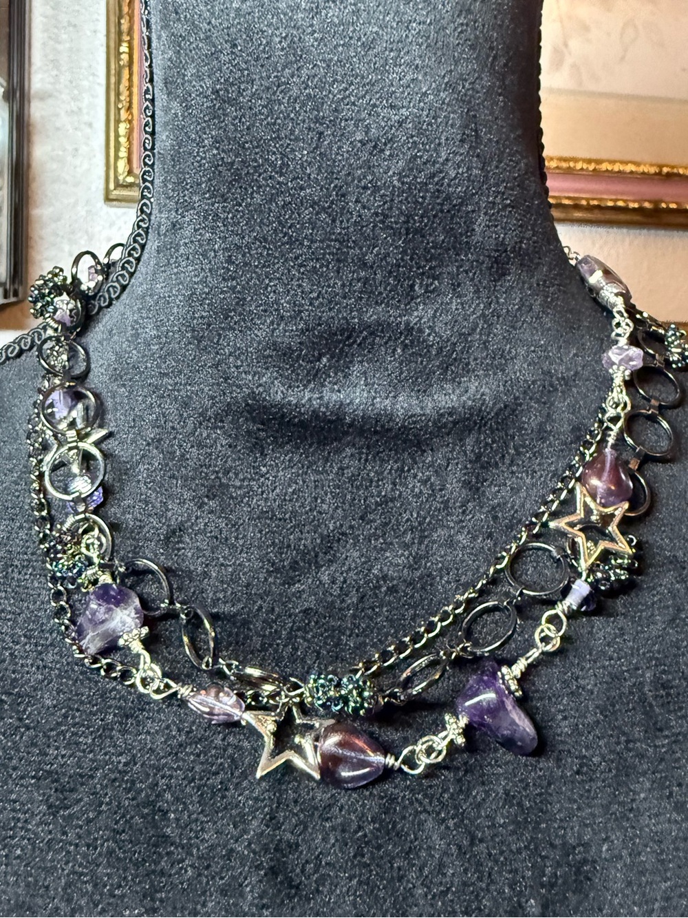 Handmade Whimsigoth Amethyst Crystal Star Layered Necklace Silver Goth Y2K